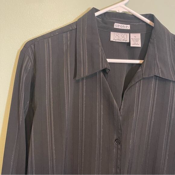 1830 Womens Stretch Striped Collared Long Sleeve Button Down Shirt Black XL NWT - Picture 2 of 12